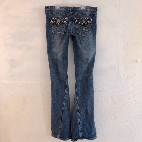 Revolution Jeans, distressed rivet studs. Size 11  / 12. Wide leg flare Boho - Picture 7 of 10